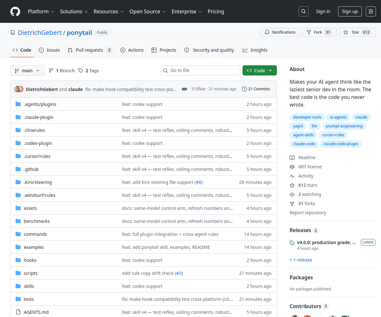 Ponytail GitHub repository showing the plugin and benchmark claims for leaner coding-agent output.