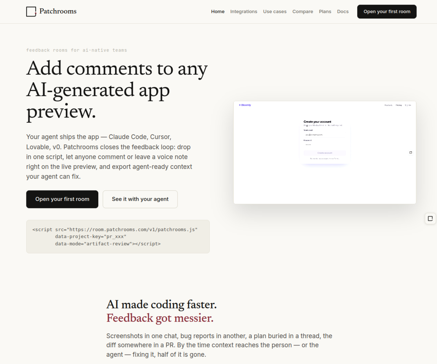 Patchrooms homepage showing visual feedback rooms for AI-built app previews and agent-ready exports.