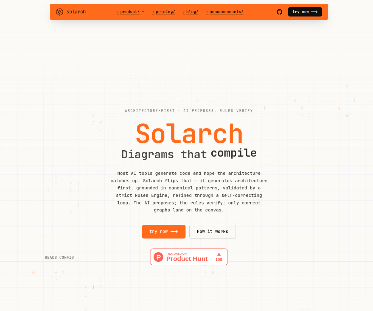 Solarch homepage showing the architecture graph, rules engine, and code-generation workflow for backend systems.