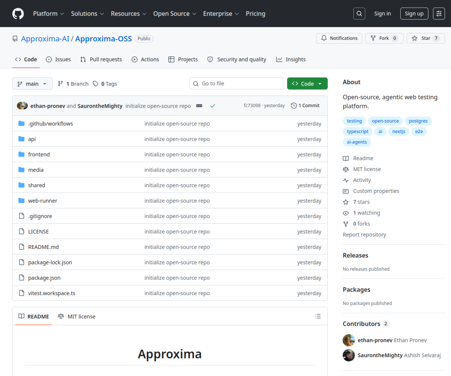 Approxima GitHub repository showing its open-source agentic web testing platform and journey dashboard preview.