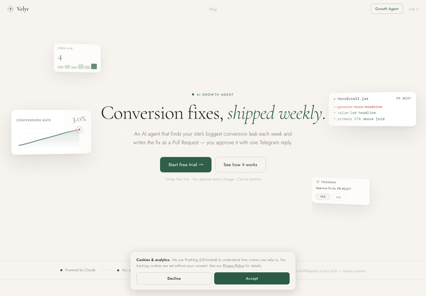 Velyr homepage showing weekly AI-generated conversion fixes delivered as GitHub pull requests with approval and rollback controls.