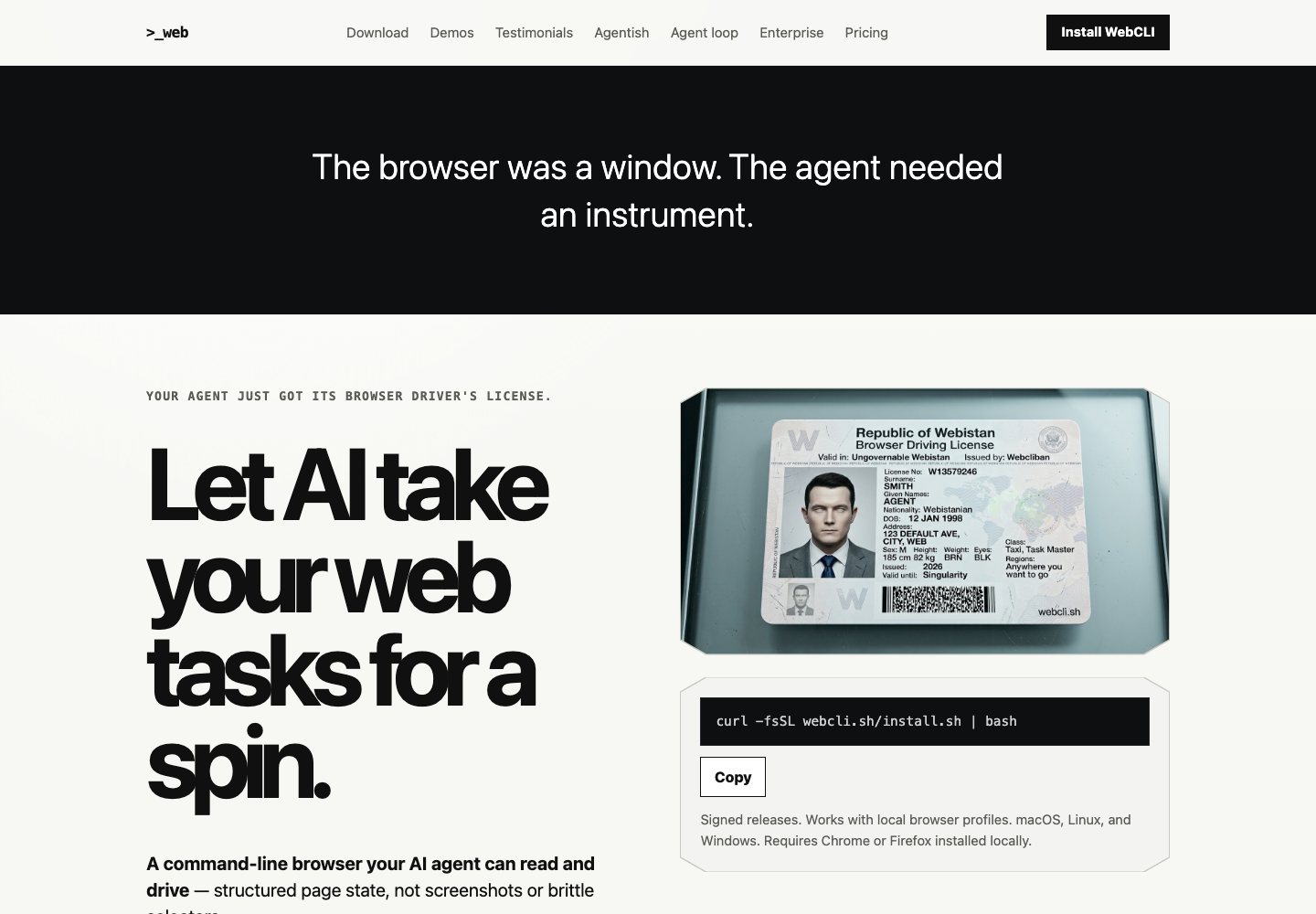 WebCLI homepage showing a shell-driven browser workflow, numbered actions, and pricing for agent-operated web tasks.