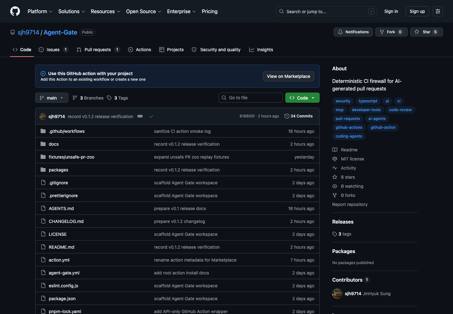 Agent Gate GitHub repository showing deterministic CI protections for AI-generated pull requests and policy-based merge checks.