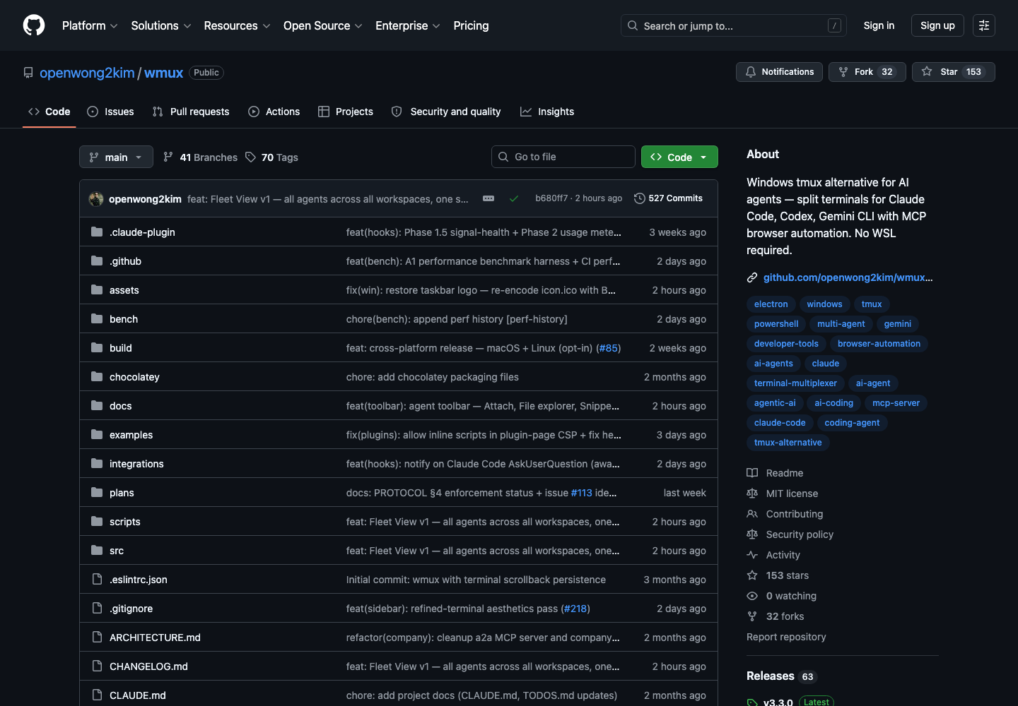 wmux GitHub repository showing the native Windows terminal multiplexer for AI coding agents with split panes and browser automation.