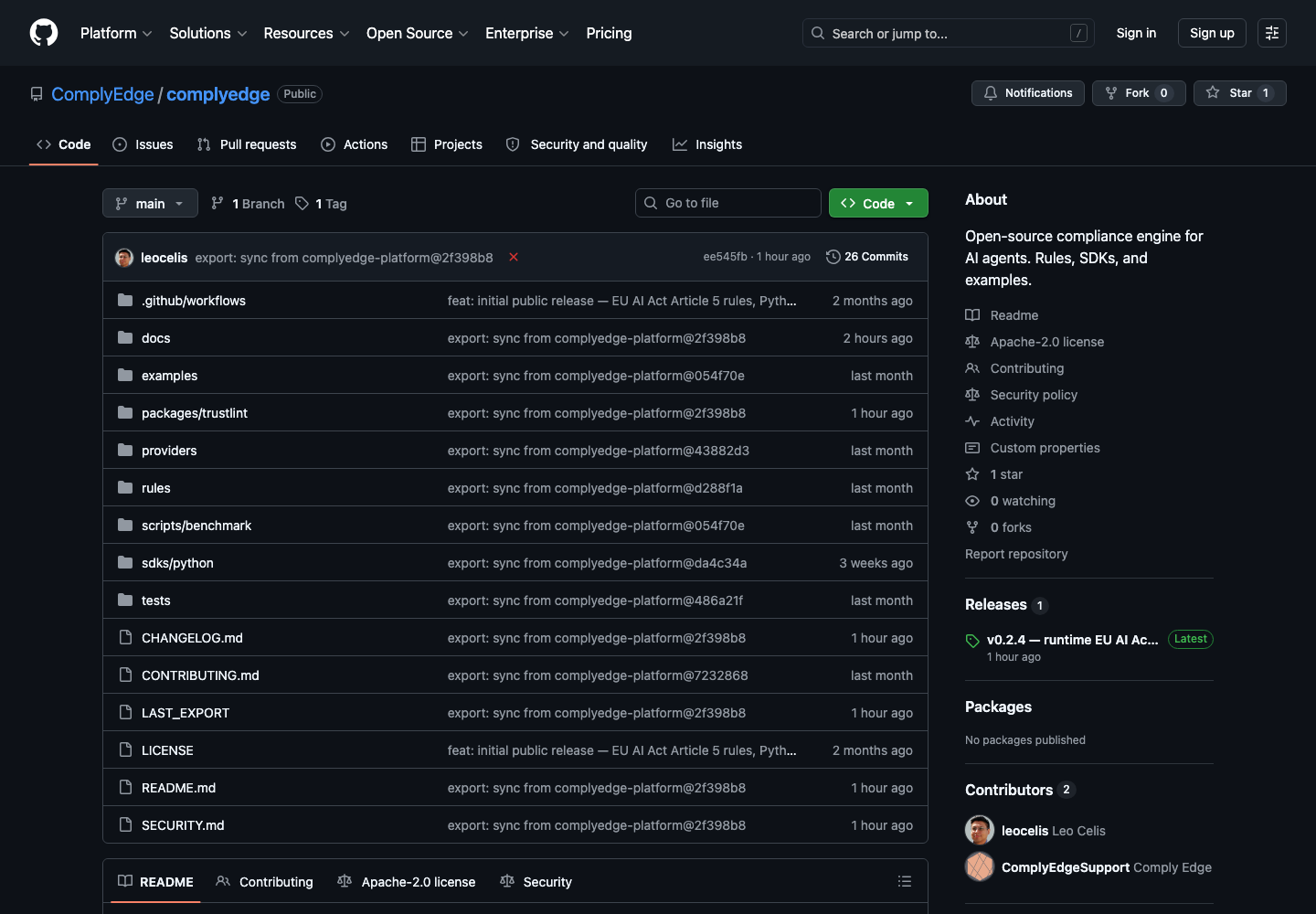 ComplyEdge GitHub repository showing runtime AI compliance checks with legal citations and rule-based enforcement for agent workflows.