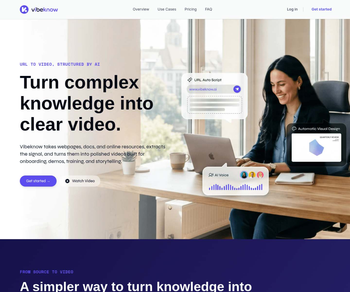 VibeKnow homepage showing document-to-video generation, supported input formats, and pricing tiers for explainer video workflows.