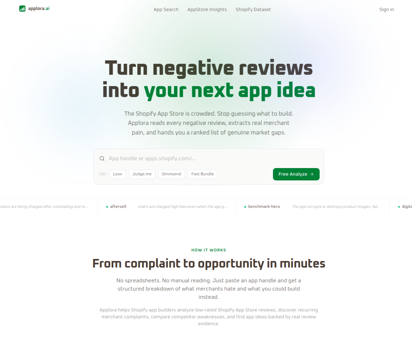 Applora homepage showing Shopify App Store review analysis and ranked app idea discovery from negative merchant feedback.