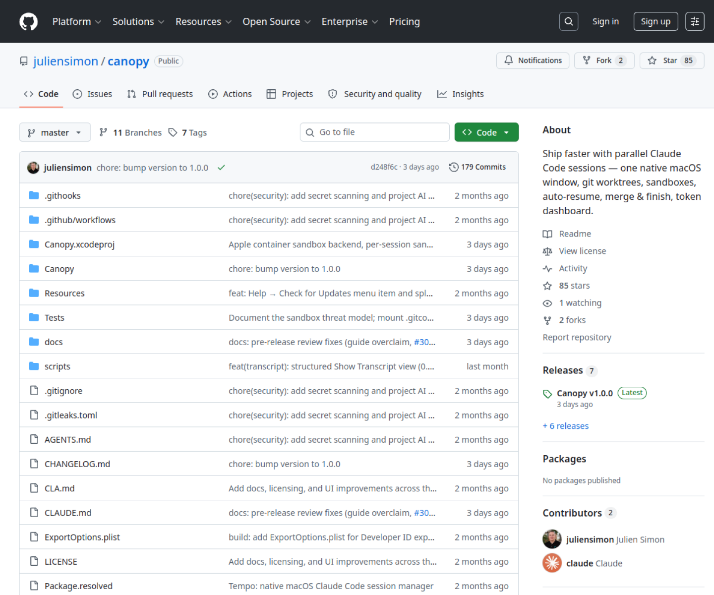 Canopy GitHub repository page showing the macOS app for parallel Claude Code sessions with git worktrees and token tracking.