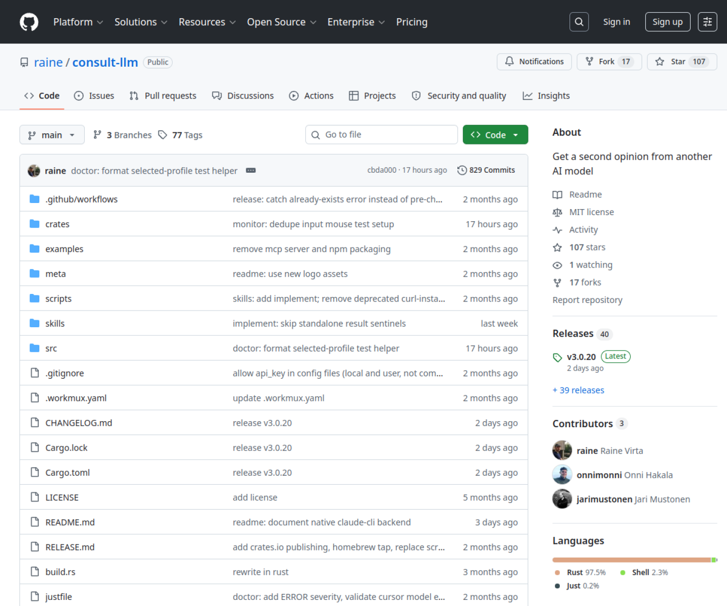consult-llm GitHub repository page showing the CLI tool for getting second-model opinions inside coding-agent workflows.