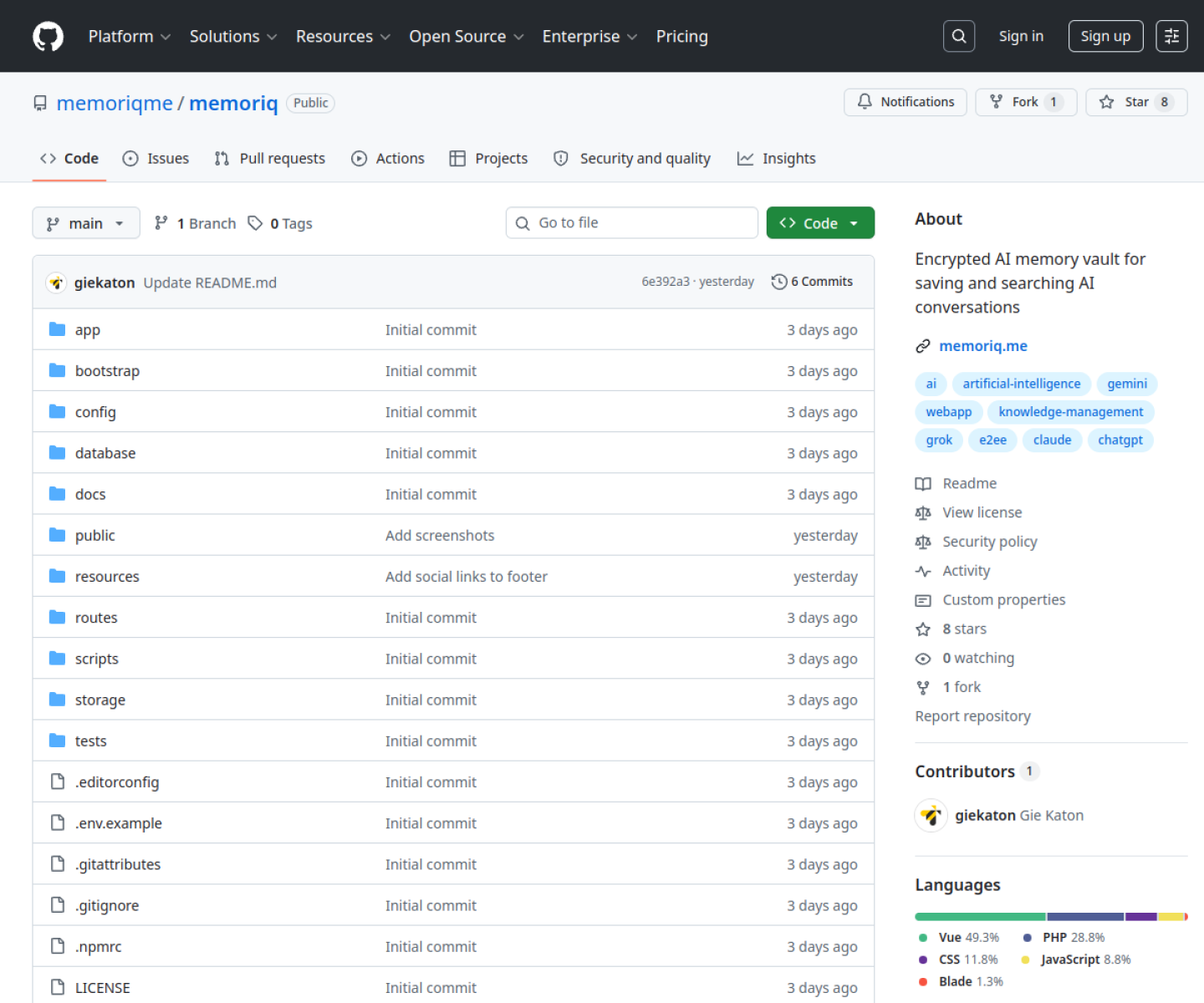 Memoriq GitHub repository page showing the encrypted AI chat memory vault with browser extension capture and project organization.