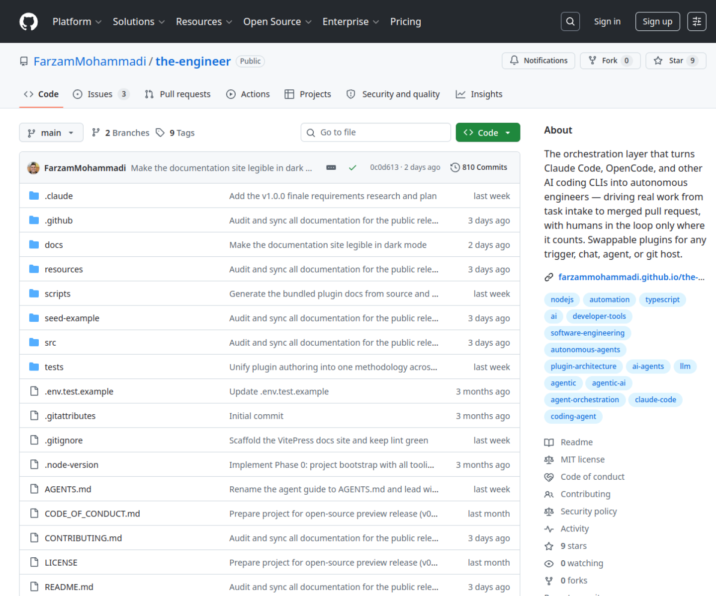 The Engineer GitHub repository page showing the autonomous orchestrator for AI coding agents from issue intake to merged pull request.
