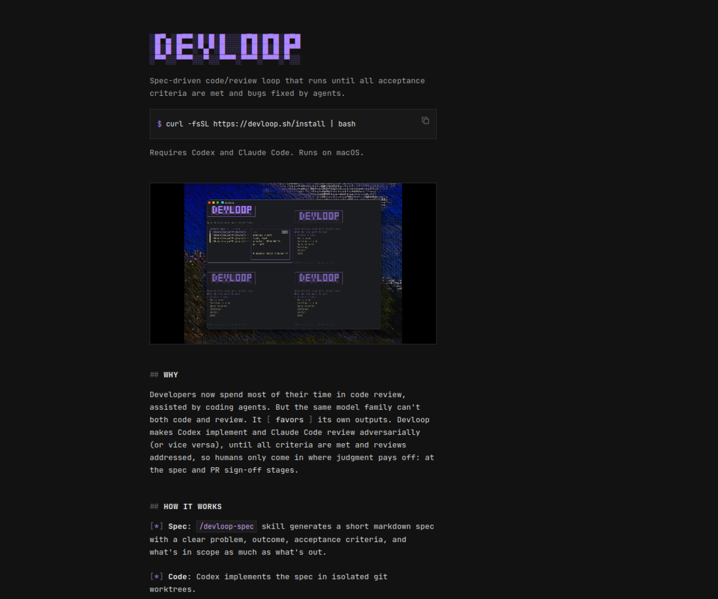 devloop homepage showing its spec-driven local loop where Codex writes code and Claude Code reviews the result.