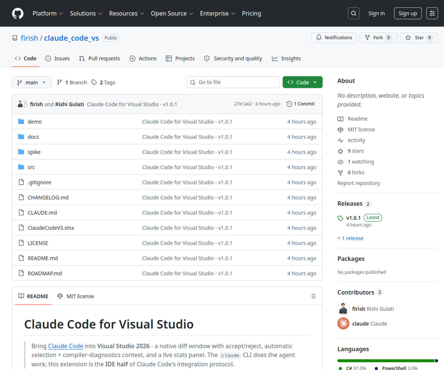 Claude Code for Visual Studio GitHub repository page showing the extension that brings Claude Code diffs and review controls into Visual Studio.