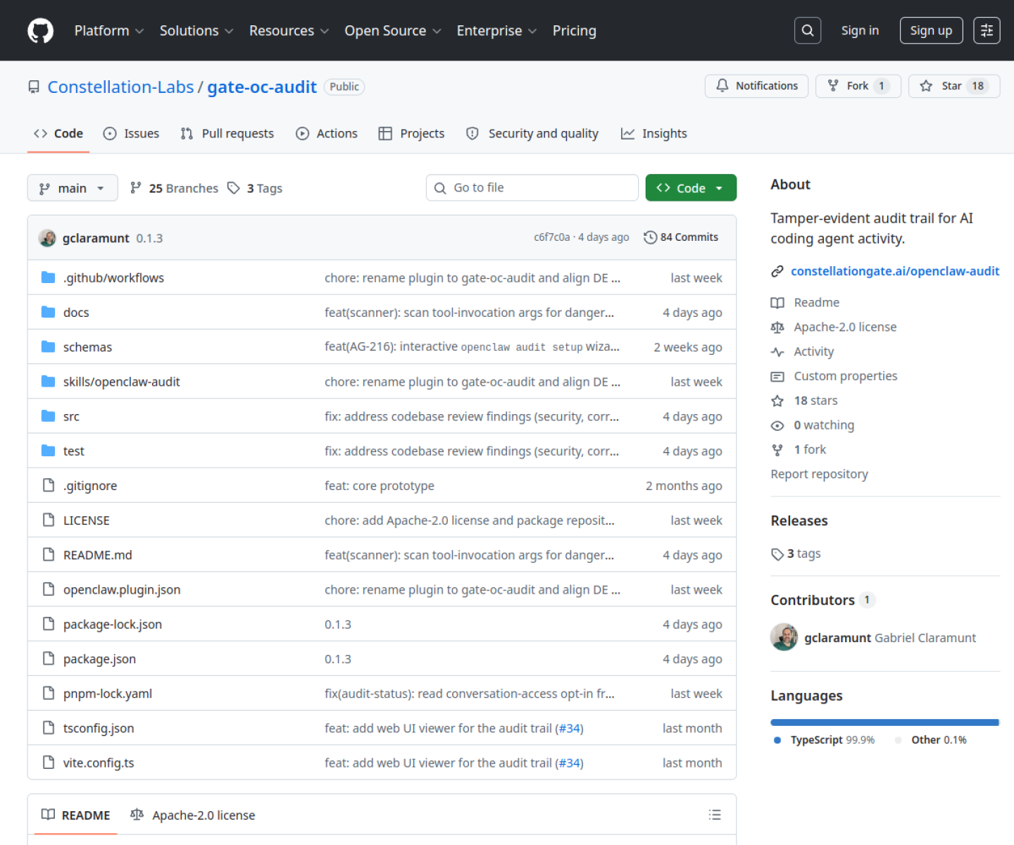 gate-oc-audit GitHub repository page showing the tamper-evident audit plugin for AI coding agent activity.