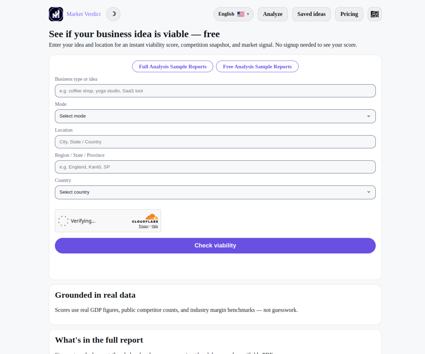 Market Verdict demo page showing the AI business viability check with market signals and competition analysis.
