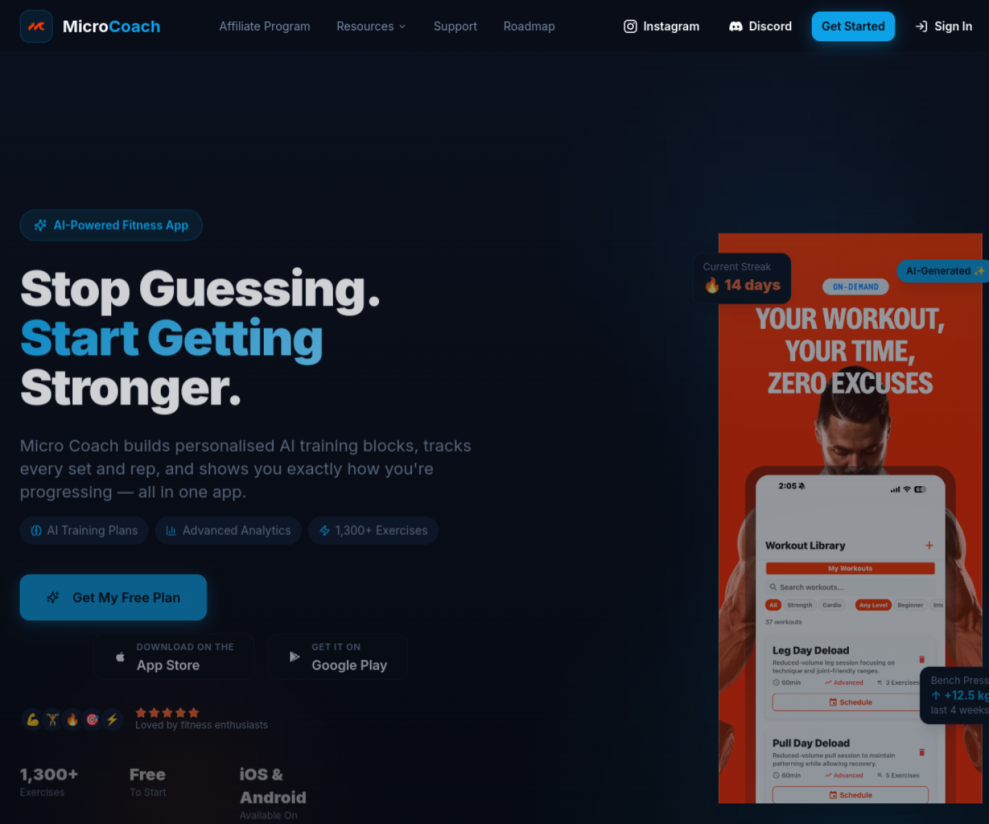 Micro Coach homepage showing the AI workout planner and personalized training program workflow.