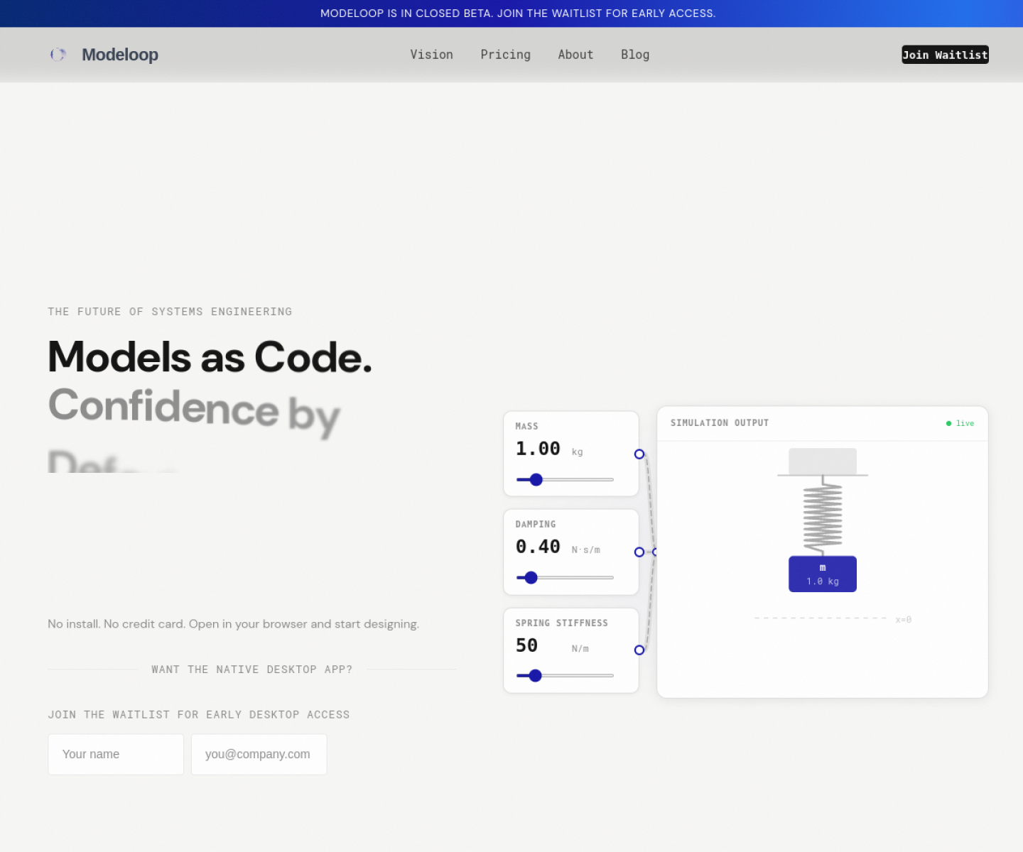 Modeloop homepage showing the visual block-diagram workflow for simulation and C code generation.
