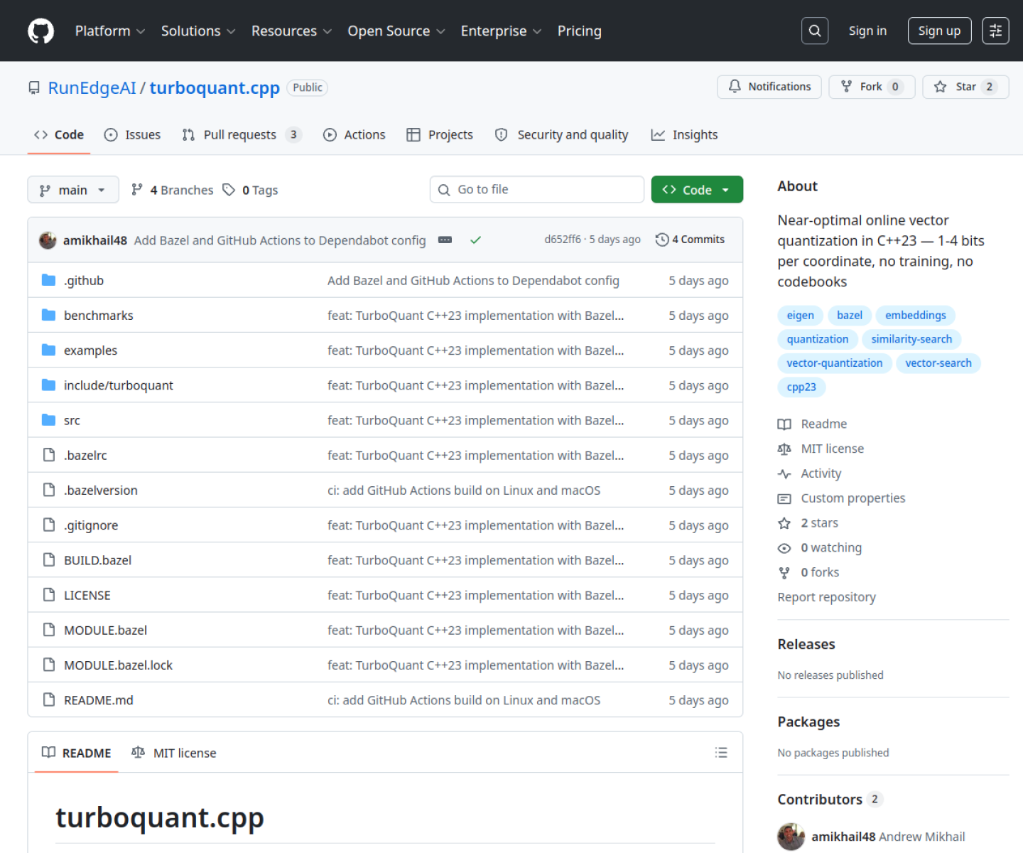 turboquant.cpp GitHub repository page showing the C++ embedding quantization library and its benchmark-driven README.
