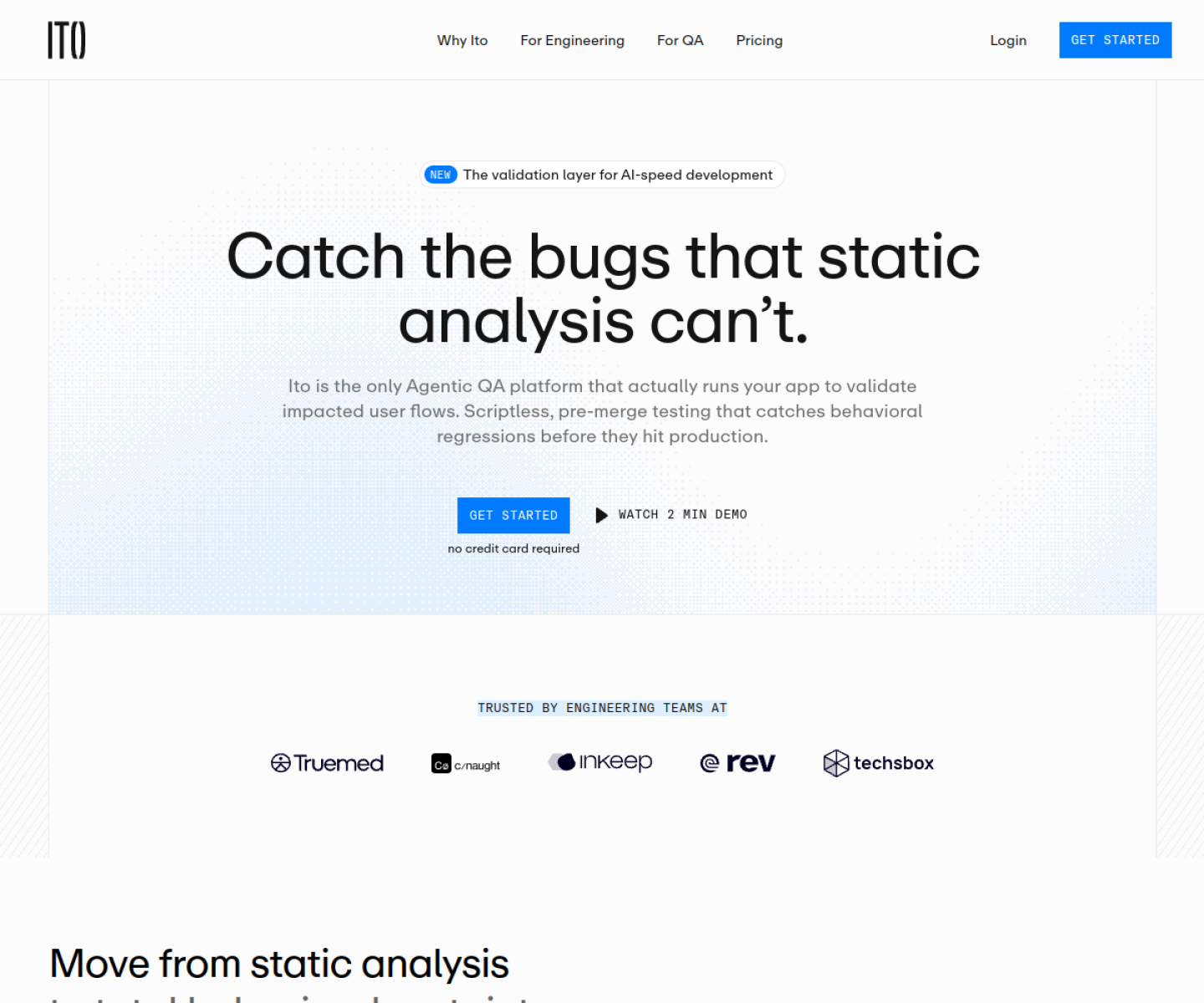 Ito homepage showing its agentic QA product for pre-merge behavioral testing and pull request validation.