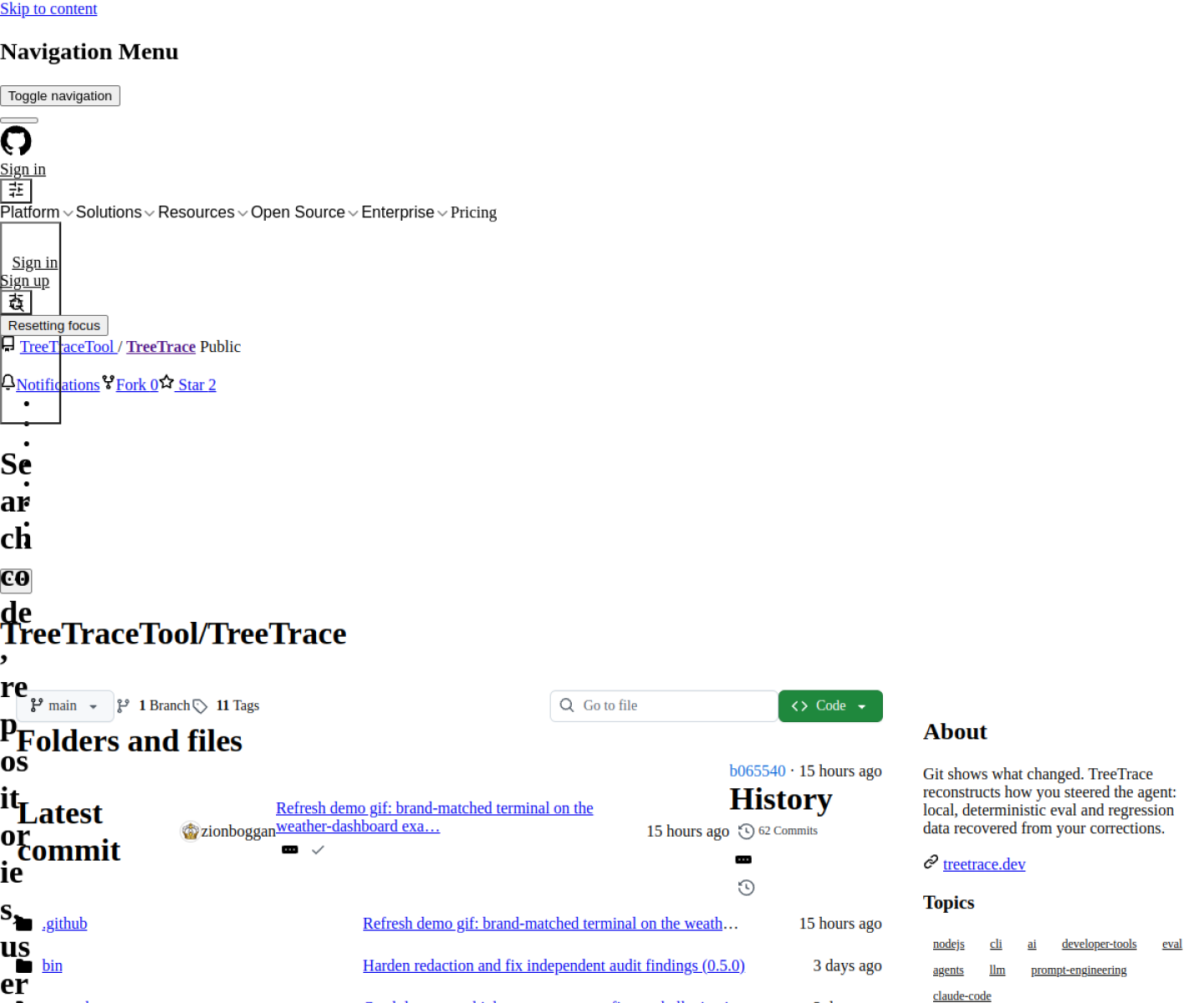TreeTrace GitHub repository page showing the local-first tool for turning agent transcripts into evals, lessons, and handoff memory.