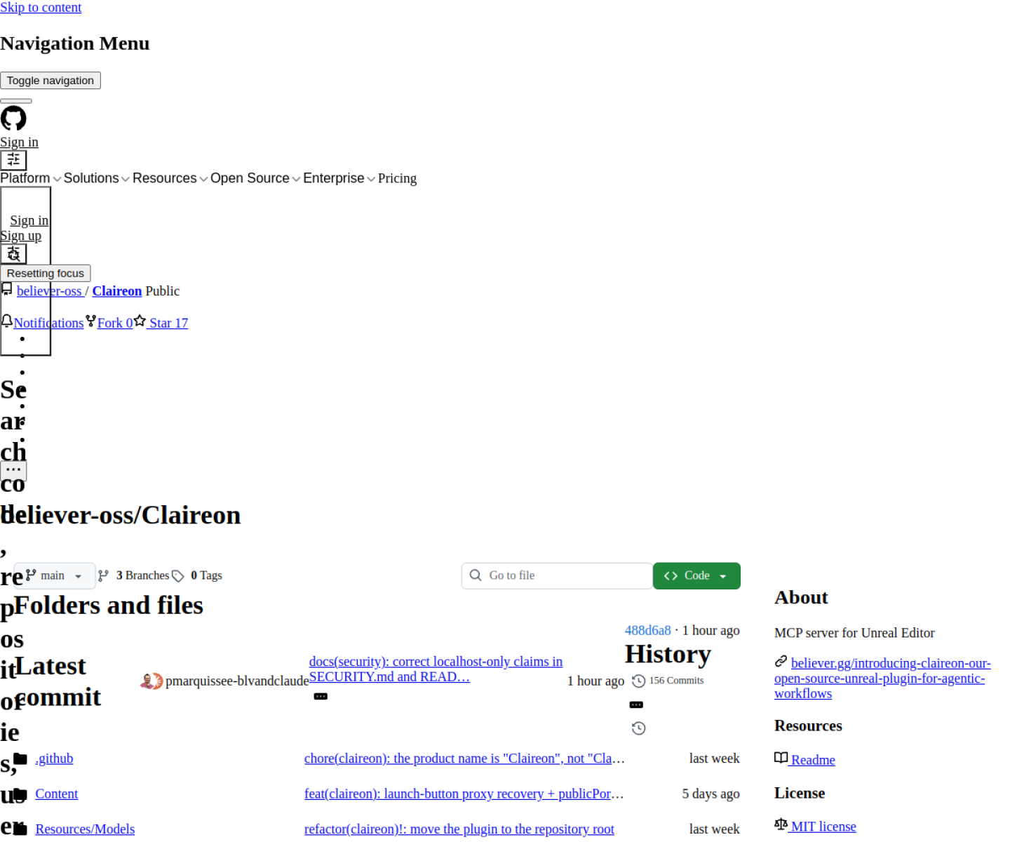 Claireon GitHub repository page showing the Unreal Editor MCP plugin and its asset automation workflow.