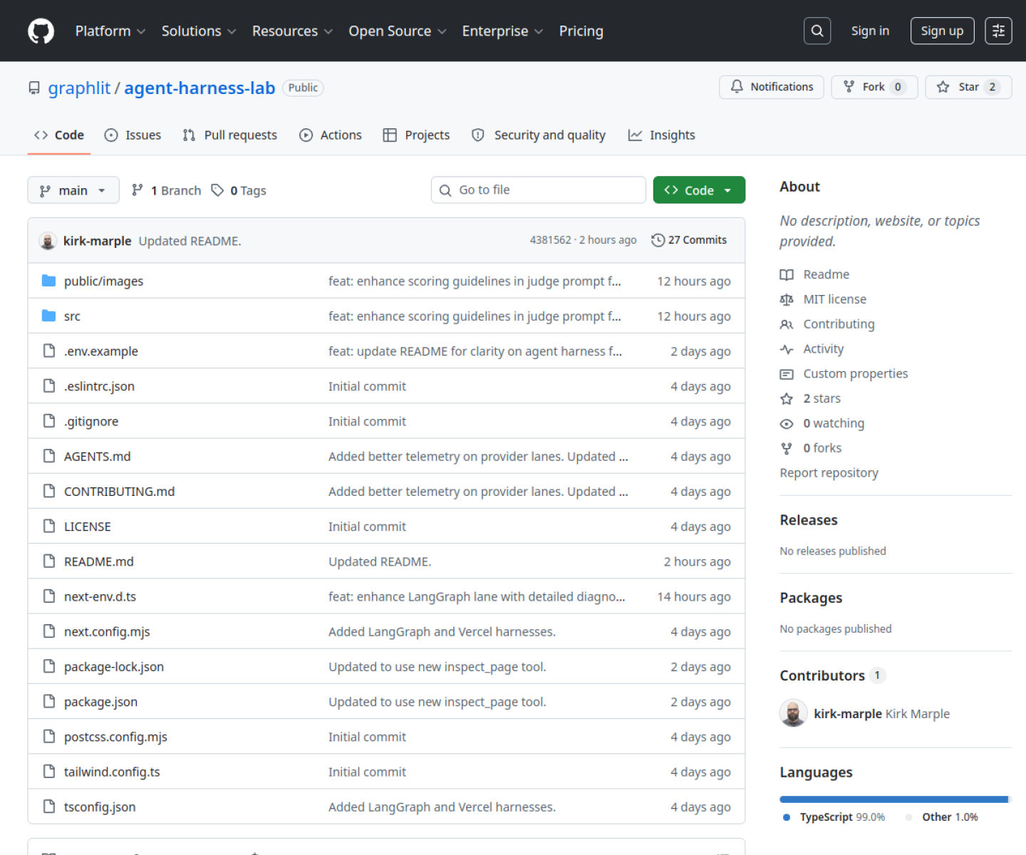 Agent Harness Lab GitHub repository page showing the side-by-side workbench for comparing agent frameworks.