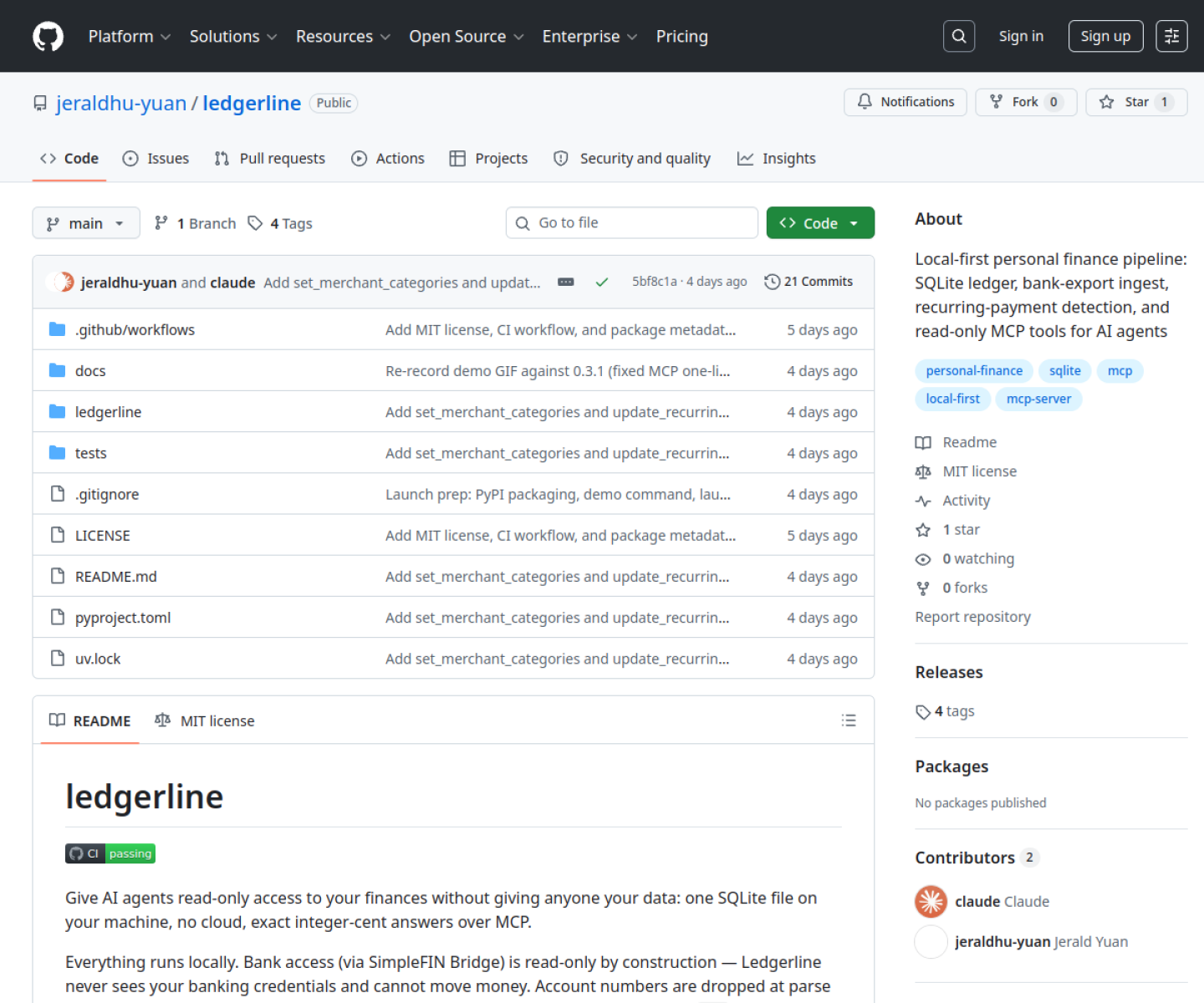 Ledgerline GitHub repository page showing the local-first finance MCP server and its SQLite-based workflow.