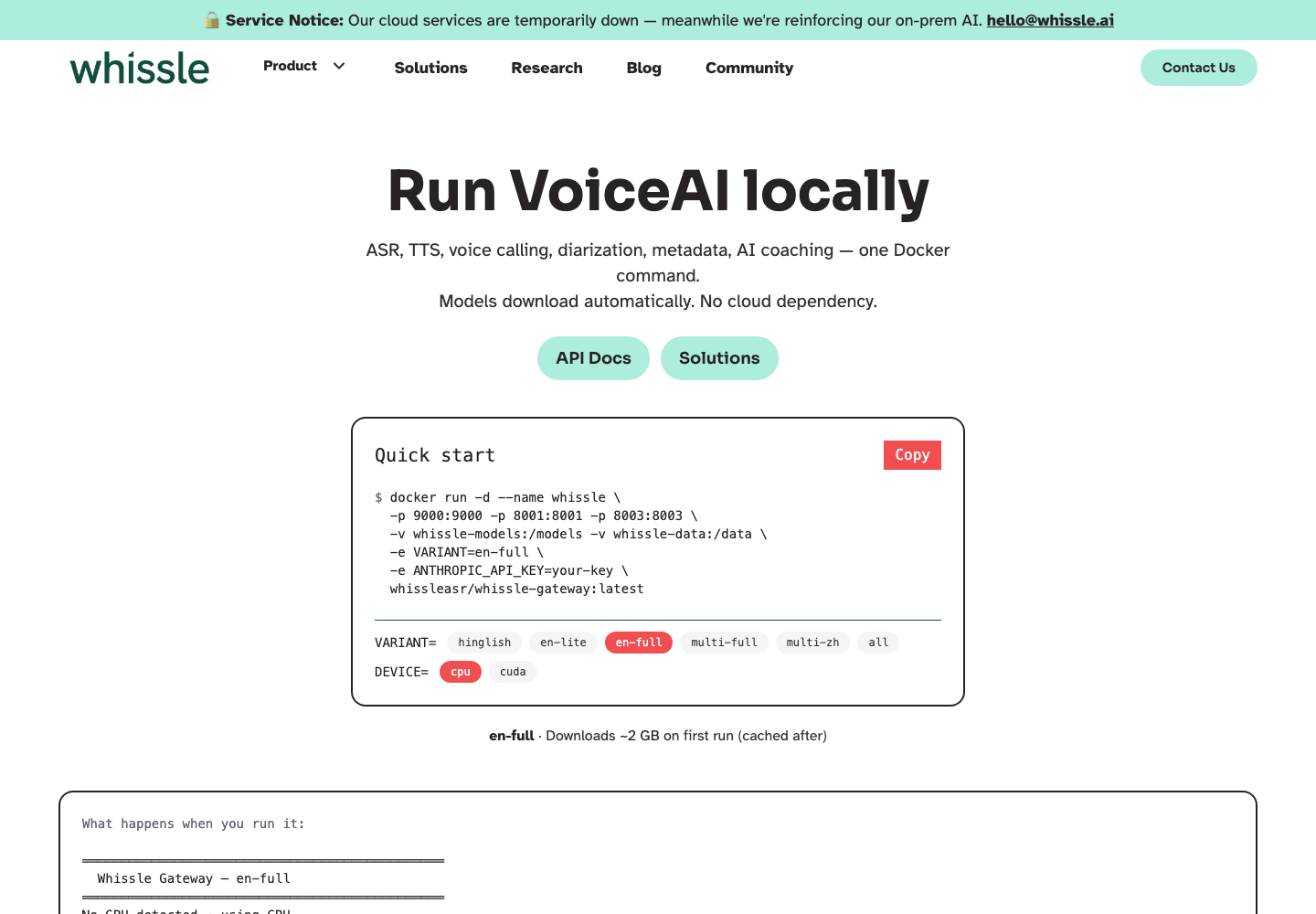 Whissle Gateway page showing its local VoiceAI Docker deployment and speech pipeline features.