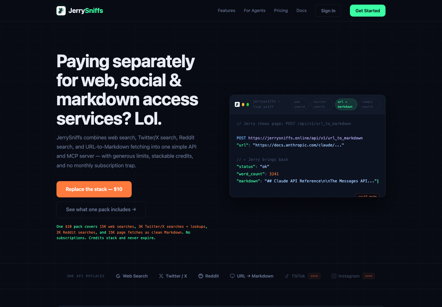 JerrySniffs homepage showing its MCP-native search API for web, social, and page-fetch workflows.