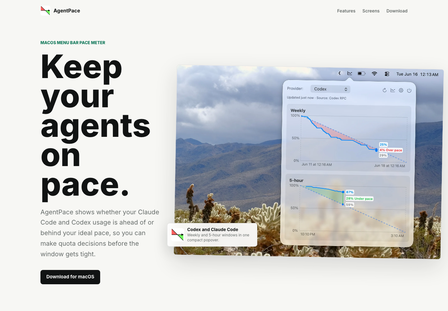 AgentPace landing page showing the macOS menu bar quota tracker for Claude Code and Codex.