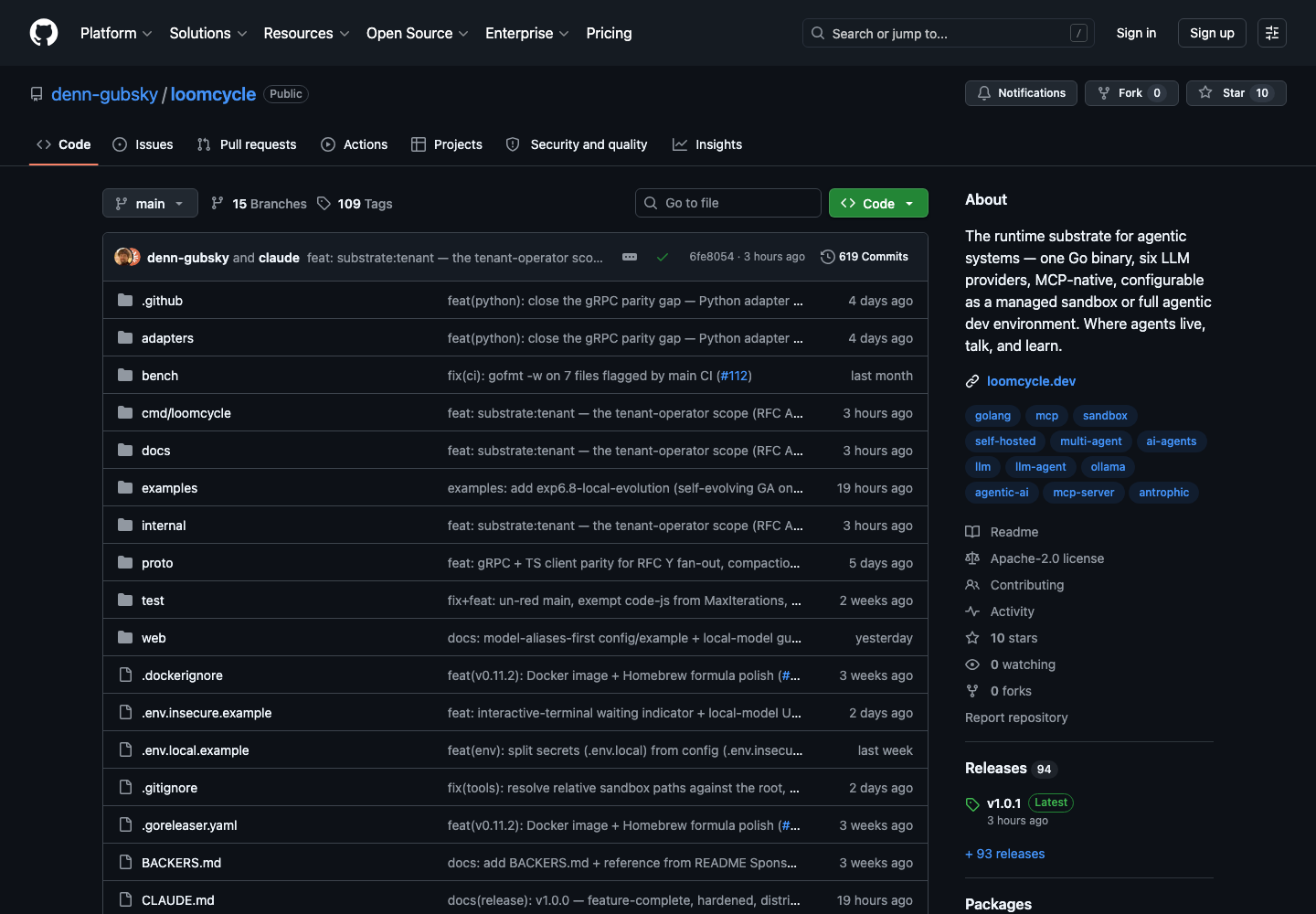 Loomcycle GitHub page showing the sidecar runtime for agentic systems with MCP and multi-provider support.